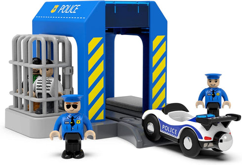 Wooden Train Tracks Accessories, Police Station Compatible with All Railroad Track Collection, Train Toys Expansion