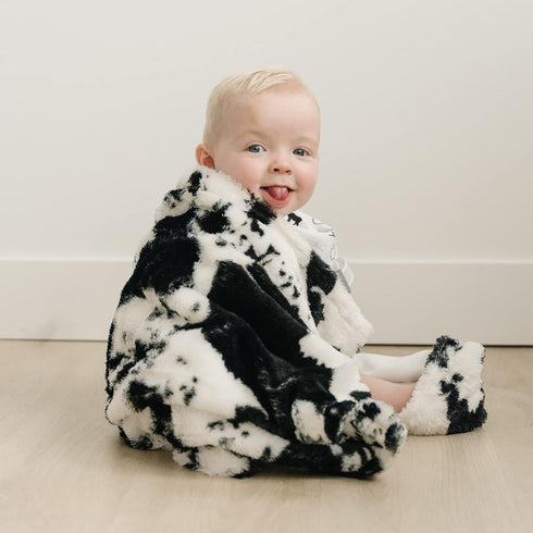 Cow Print Plush Baby Blanket, White Back, Black and White, 30 in x 40 in