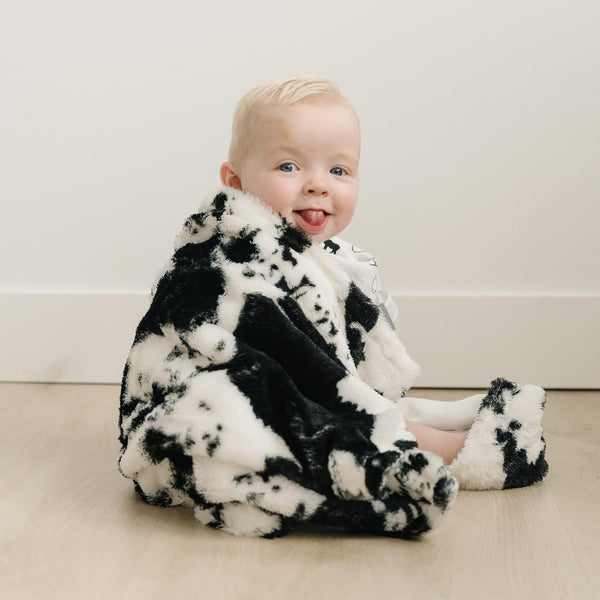 Cow Print Plush Baby Blanket, White Back, Black and White, 30 in x 40 in