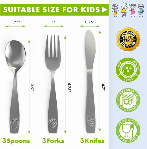 9 Piece Stainless Steel Kids Silverware Set - Child and Toddler Safe Flatware - Kids Utensil Set - Metal Kids Cutlery Set Includes 3 Small Kids Spoons, 3 Forks & 3 Knives by CHILLOUT LIFE