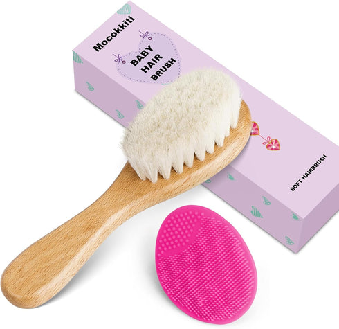 Mocokkiti Set (2 Baby Hair Brush, Goat Bristles Brush and Rose Red Baby Silicone Brush for Cradle Cap Wood Bristle