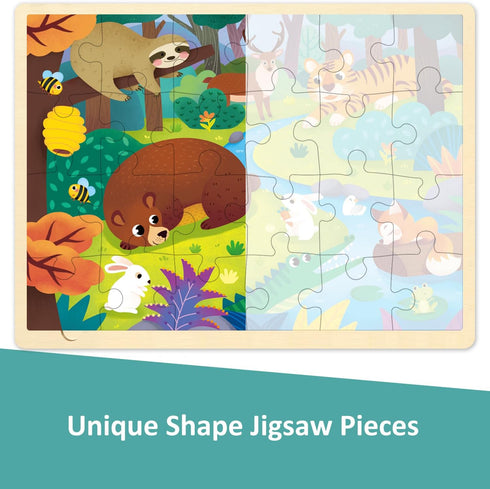 24 Piece Puzzles for Kids Ages 3-5, Unique Shape Jigsaw Pieces Forest Animals, Wooden Jigsaw Puzzle for 3 4 5 Year Old, Preschool Toddler Puzzle with Storage Tray
