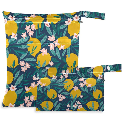 visesunny Lemon Floral 2Pcs Wet Bag with Zippered Pockets Washable Reusable Roomy for
