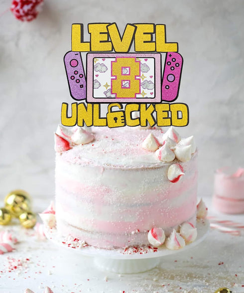 Girls Level 8 Unlocked Cake Topper, Glitter Gaming 8th Birthday Decoration, Video Game Theme Party Favor