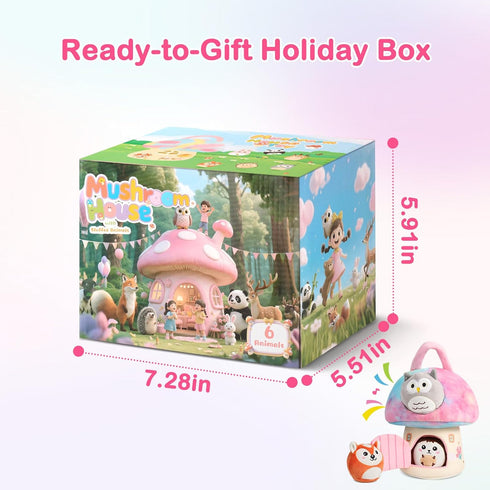 Playset 6 Interactive Plush Mushroom House with Stuffed Animal Toys Soft Sensory Toy for Babies & Toddlers, Montessori