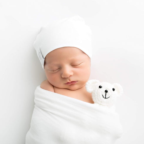 2 Set, Ely's & Co. Cotton Knit Jersey Swaddle Blanket and Beanie Gift Large Receiving Blanket - White