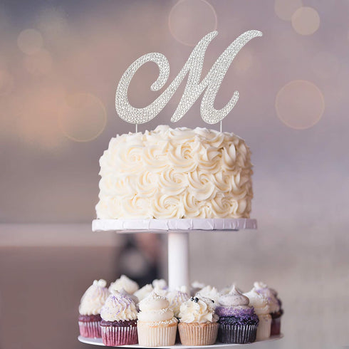 Letter M Cake Topper - Premium Silver Metal M Monogram Wedding or Anniversary Party Decoration, Sparkly Rhinestone