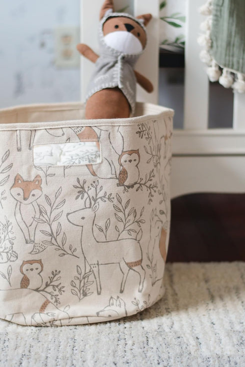 13"x12", Crane Baby Fabric Round Nursery Storage Basket, Toy Storage, Woodland Nursery Decor, Toy Basket, Baby Storage
