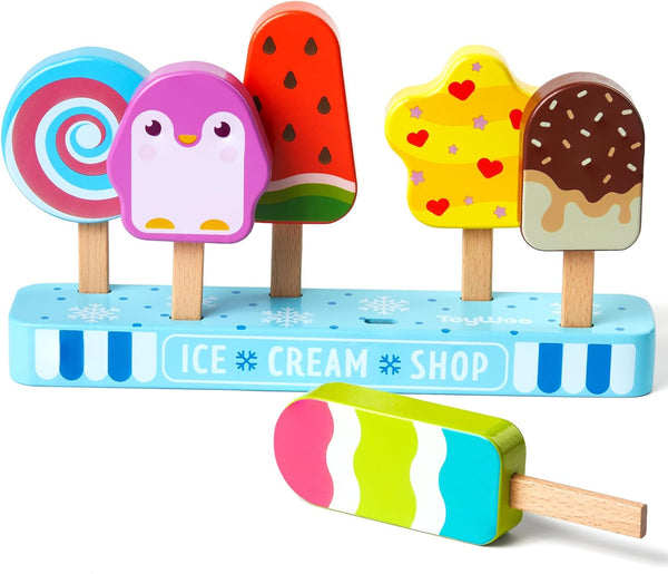 Wooden Ice Cream Toy for Kids, Pretend Play Food Toys Ice Cream Shop Playset for Ages 3-6