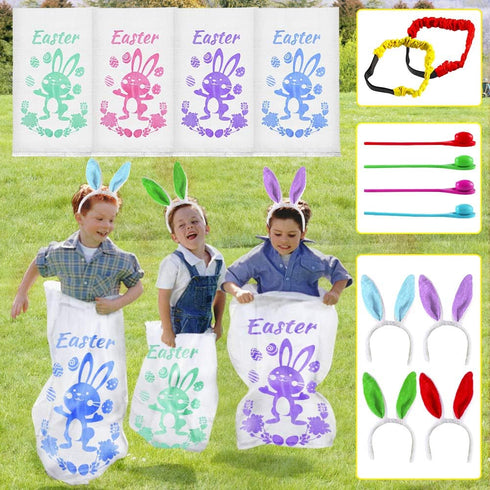 18PACK Easter Party Games for Kids, Potato Sack Race Bags, Bunny Ears, Egg and Spoon Race Games for Easter