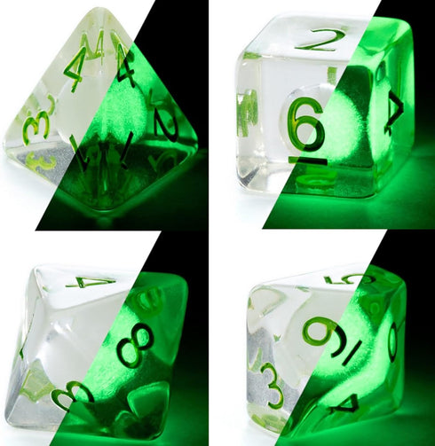 Gake Keeper Games & Dice: Firefly Dice - 7 Piece Resin Dice Set, Glow-in-The-Dark RPG Accessory