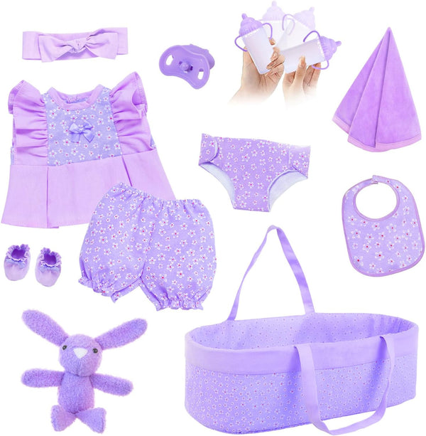 18INDC 11 Pcs Baby Doll Clothes with Purple Floral Design Baby Doll Bassinet