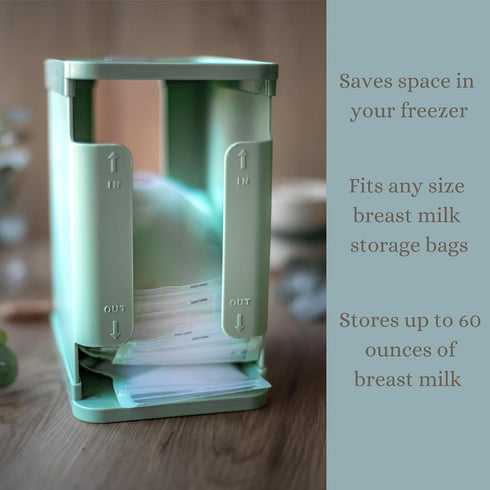 Dew & Dawn Breastmilk Freezer Organizer-Sage Green Storage Tower w/ Metal Freeze Tray, Breast Milk Storage Design, Mint
