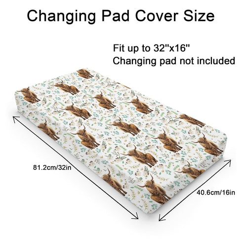 Watercolor Highland Cows Retro Floral Baby Changing Pad Covers for Boy Girl 32''x16'' Highland Yak Boho Flowers Leaves Fitted Diaper Changing Table Mats Soft Breathable Cradle & Bassinet Sheets
