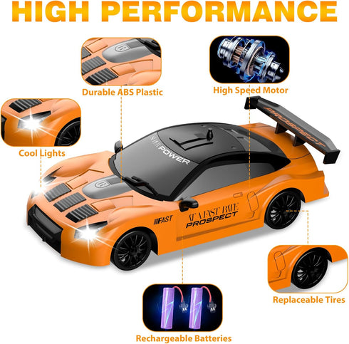 1/24 2.4GHz 4WD RC Drift Car Remote Control Car High Speed Drifting RC Cars with LED Light, Two Batteries and Drift