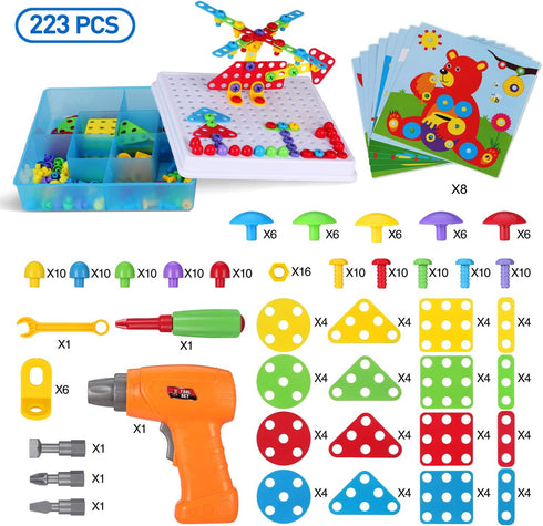 223 Pieces Creative Mosaic Drill Set for Kids - Toy Drill and Screwdriver Puzzle Kit for Ages 3-10