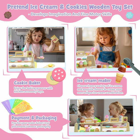 2 1 Set (63pcs), Counter 3+ SIMPLIPLAY in Portable Wooden Ice Cream Toy & Cookie Play Slice and Bake Cookies, Scoop