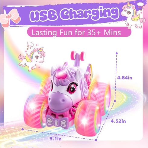 SUMEAUT 360 4WD 2.4GHz 3-12 Remote Control Car Unicorn Monster Trucks for Girls Rotating Stunt RC Cars with LED Lights
