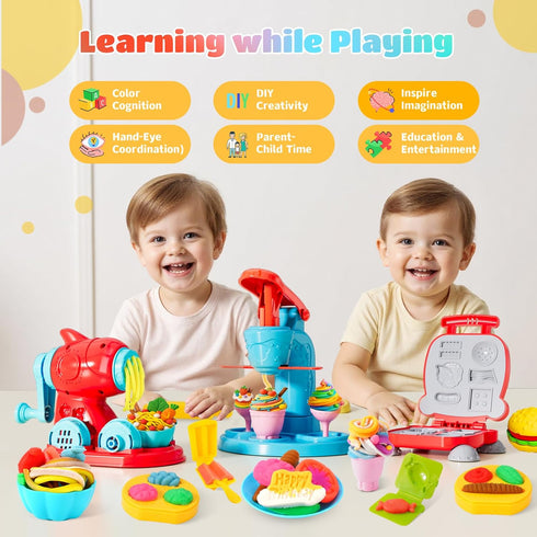 Rodsucs 3-in-1 Sets 4-8, 3-12, (12 Color Dough for Kids Ages Ice Cream Hamburger Noodle Maker Toy for Kids Arts &Crafts