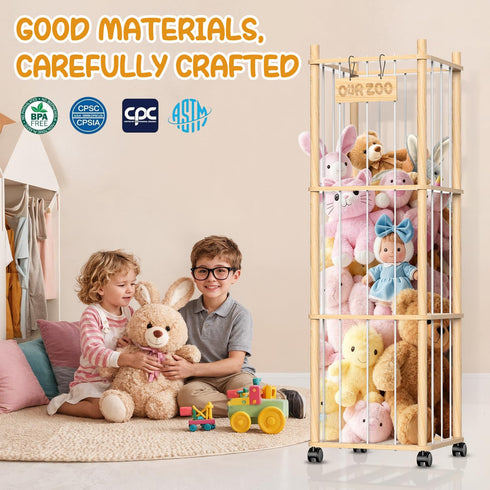 Belveora 3 Stuffed Animal Storage Organizer, Wooden Plushies Toy Zoo Holder with Wheels, Large Capacity Storage Tower