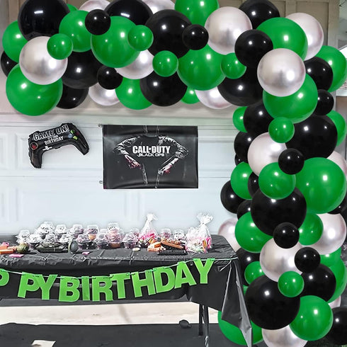 Green Black Silver Balloon Garland Arch Kit, Metallic Balloons for Video Game Birthday Decorations