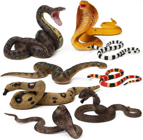 UANDME 8pcs Realistic Fake Snakes Toy Figurines for Prank Scare Birds, Cobra, Boa, Coral, Rattlesnake
