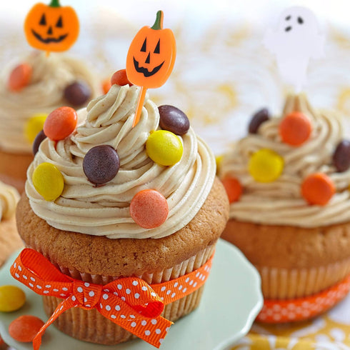 Tatuo 100 Pcs Plastic Halloween Picks - Cupcake Toppers, Pumpkin Fruit Picks, Halloween Toothpicks, Cocktail Skewers