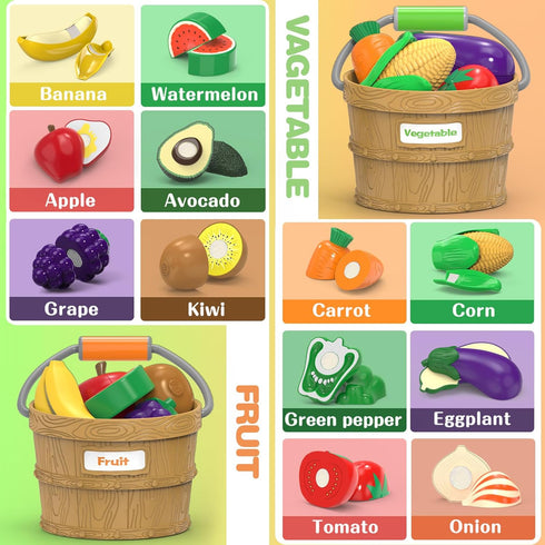 Sorting Play Food Sets - 2 Buckets with Handle, 1 Storage Basket, Fruit & Vegetable Cutting Toy for Preschool Learning
