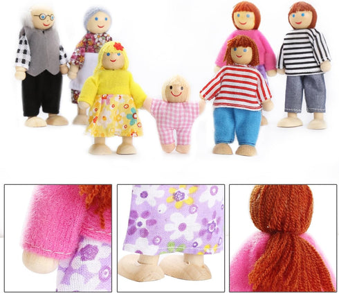 Lovely Happy Family Dolls Playset, Wooden Figures Set of 7 People with Dog for Kids Children Toddlers Dollhouse Pretend
