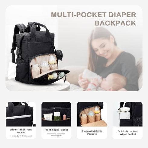 Backpack, Backpack VONAL Diaper Bag Lightweight Baby Diaper Bags, Travel Large Diaper Bag with Changing Station, Black