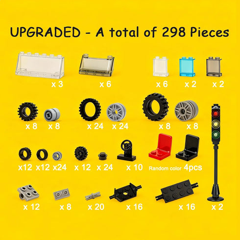 298PCS Sets Pamvava Wheels and Axles Tires, City Car Parts Pieces, Windshield Vehicle Accessories Construction Boys Toy