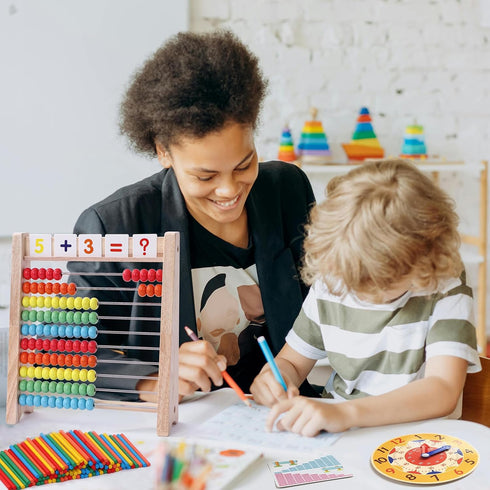 Wooden Abacus for Kids, Math Manipulatives Learning Clock for 5-8 Year Olds, Montessori Educational Math Toys for