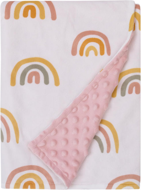 NOJO Little Love Super Soft Baby Blanket, White, Pink, and Gold Rainbow Design