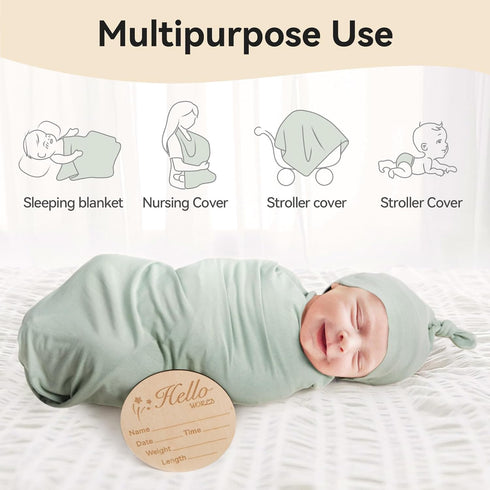 BubblePanda Set 35 35 Inch Rayon Made from Bamboo Newborn Swaddle Blanket with Matching Beanie, Super Soft Stretchy