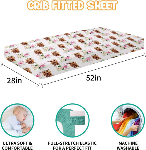 Set 3 Set Color01 Baby Crib Bedding - Highland Cow Design Nursery Bed Pcs - Chic Soft Blanket with Dotted Backing