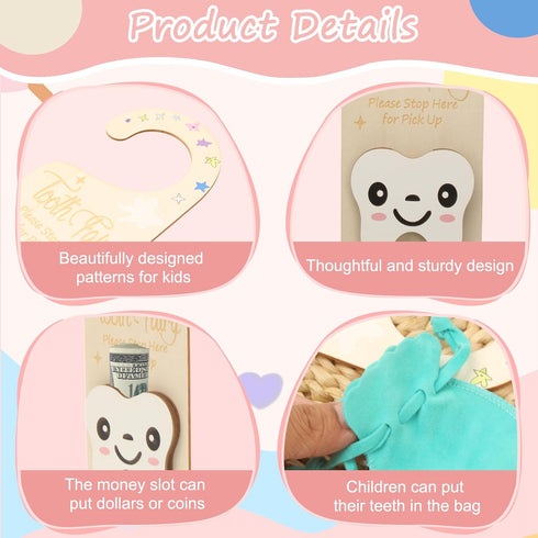 YROJISU Tooth Fairy Tooth Holder, Room Decor Tooth Fairy Door Hanger with Money Slot, Keepsake Bag & Elegant Patterns