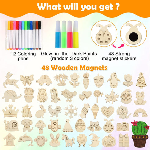 Worgree 48 Pcs DIY Wooden Magnets | Painting Kit for Kids Ages 4-12 | Glow in The Dark Party Favors and Gifts