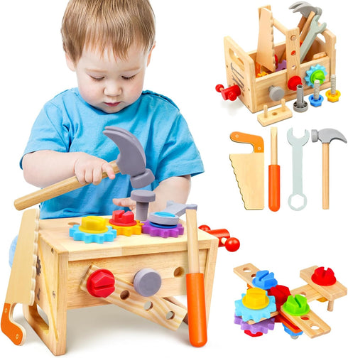 Kids Tool Set - 29 PCS Wooden Toddler Tool with Box, Montessori STEM Educational Pretend Play Toy for Ages 2-6