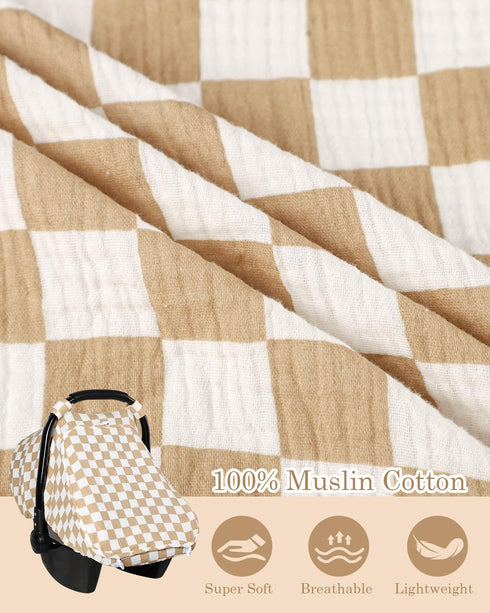 DILIMI Summer Car Seat Covers for Babies, Muslin Cotton Baby Car Seat Cover with Breathable Mesh Window, Infant Car