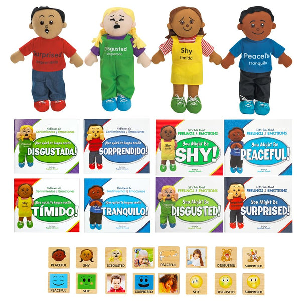 Excellerations English & Spanish Emotions Books + Dolls + Blocks Kit 2-8 Books 4 Dolls 16 Blocks