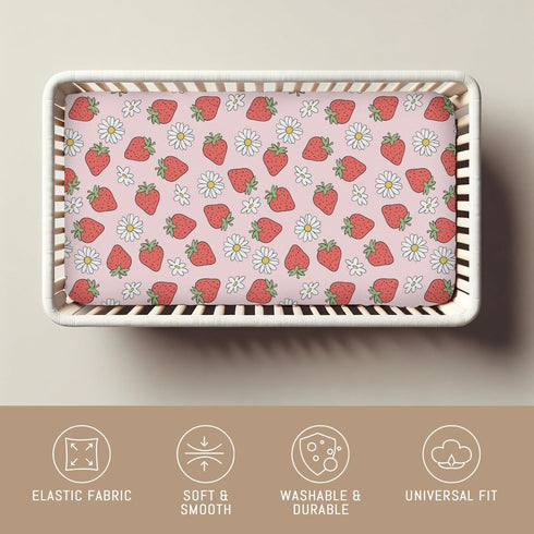 Selgkds 52''x28'' Summer Cute Strawberry Daisy Baby Crib Sheets for Boy Girl Red Strawberries Floral Soft Snug Fitted