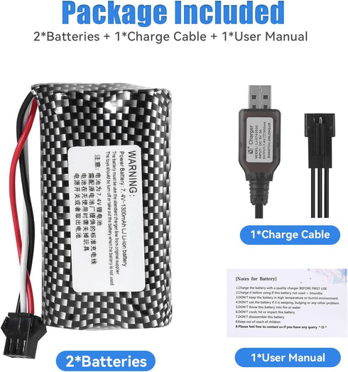 HJ 7.4V 1300mAh SM3P Li-ion Batteries with 2S Charging Cable for Hobby Remote & App Controlled Vehicle Toys