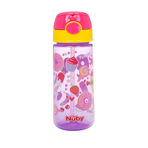 Nuby 2-Pack Kid’s Printed Flip-it Active Water Bottle, 18oz / 540ml with Push Button Cap, 18+ Months