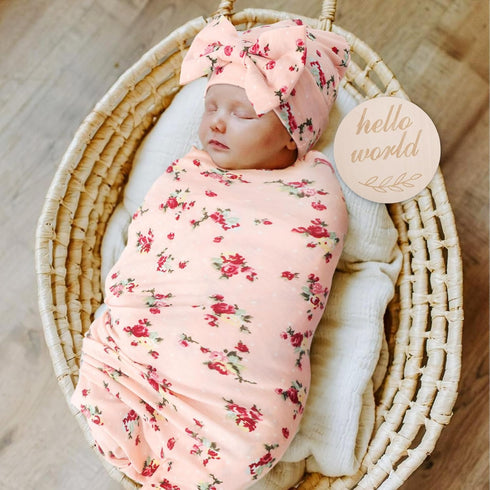 DRESHOW BQUBO Baby Girl Newborn Floral Receiving Blankets with Bow Hat Headband Wooden Birth Announcement Card Set Newborn Baby Swaddling Hats Sleepsack Toddler Warm Shower Gift by DRESHOW
