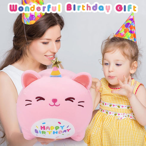 16'' Pink Birthday Cat Plush Stuffed Animal, Kawaii Plushies Cat Body Pillow, Gifts for Kids and Girlfriend