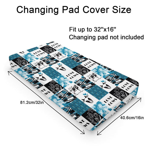 Love Cows Changing Pad Cover Hippie Funny Cows Boho Floral Change Table Pad Cover for Boys Girls Soft Breathable Stretchy Snug Fitted Unisex Diaper Change Table Sheets Mats 32''x16'' Blue