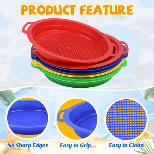 Set Bundle-8 Pack(8.75x 9.75in) Sand Sifters Sieve for The Beach Sand Toys (Red, Blue, Yellow & Green) Complete Gift