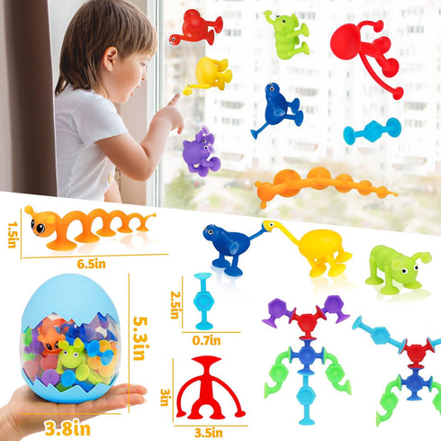 32 PCS Suction Cup Toys Kids Bath Toy Party Favor Goody Prize Stuffer Gift for 2 3 4 5 6 Year Old Boy Girl Toddler Travel Toy Educational Sensory Fidget Dinosaur Window Toy with Eggshell Storage