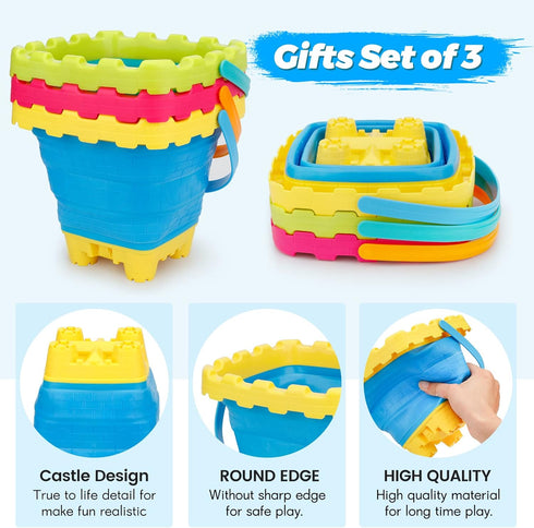 7 PCS Castle Foldable Beach Sand Buckets Toy Set with Shovels, 3L Silicone Collapsible Bucket for Kids, Camping Gear
