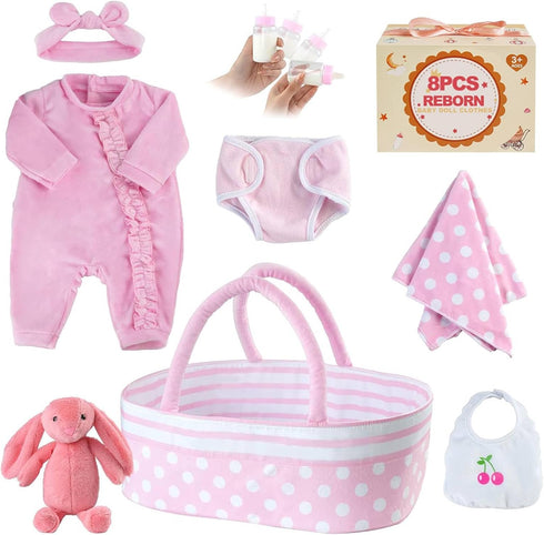 BABESIDE 8 Pcs Reborn Baby Doll Clothes with Bassinet - Outfit Accessories for 17-22 Inch Baby Doll Girl